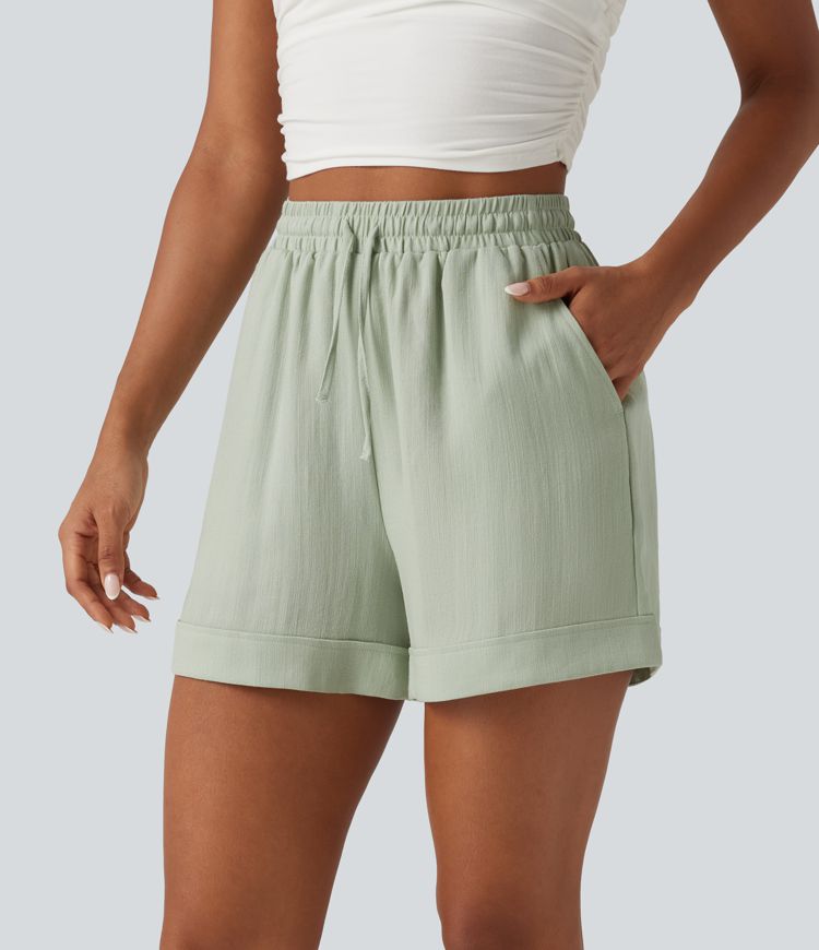 Short effet lin 13 cm taille haute à cordon avec ourlet retroussé et poches