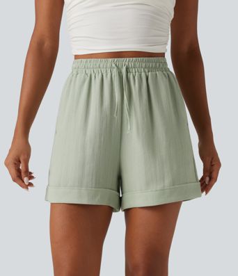 Short effet lin 13 cm taille haute à cordon avec ourlet retroussé et poches