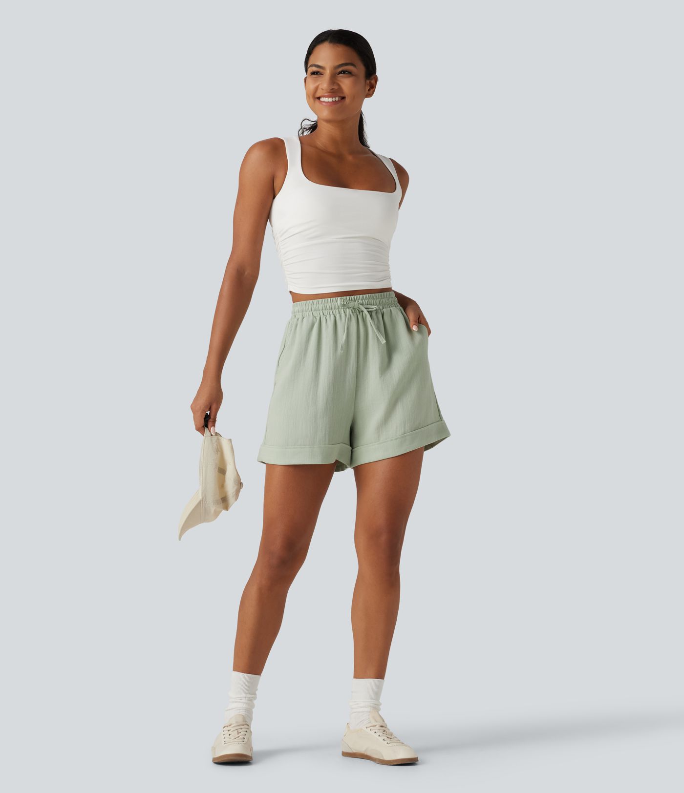 Short effet lin 13 cm taille haute à cordon avec ourlet retroussé et poches