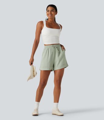 Short effet lin 13 cm taille haute à cordon avec ourlet retroussé et poches