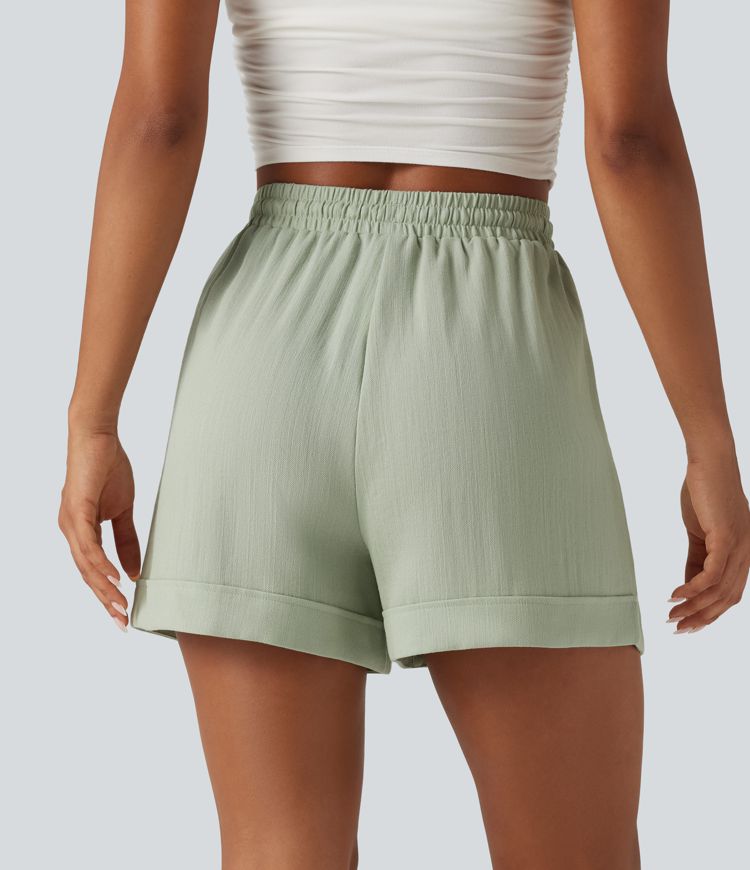 Short effet lin 13 cm taille haute à cordon avec ourlet retroussé et poches
