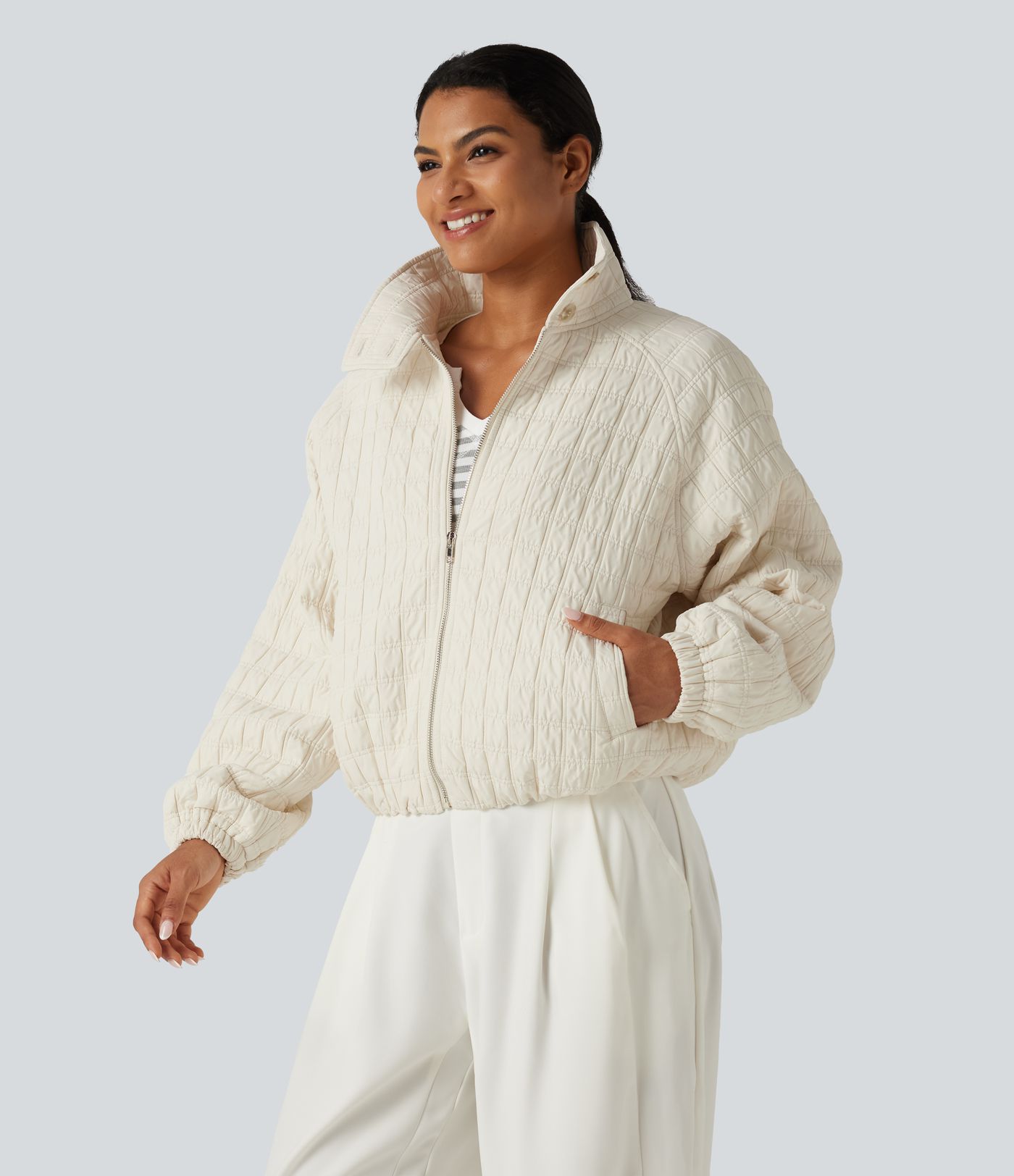 Stand Collar Long Sleeve Quilted Casual Jacket with Pockets