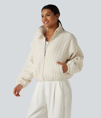 Stand Collar Long Sleeve Quilted Casual Jacket with Pockets