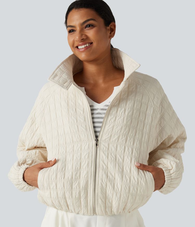 Stand Collar Long Sleeve Quilted Casual Jacket with Pockets