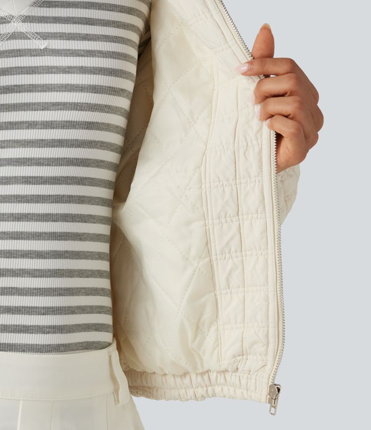Stand Collar Long Sleeve Quilted Casual Jacket with Pockets