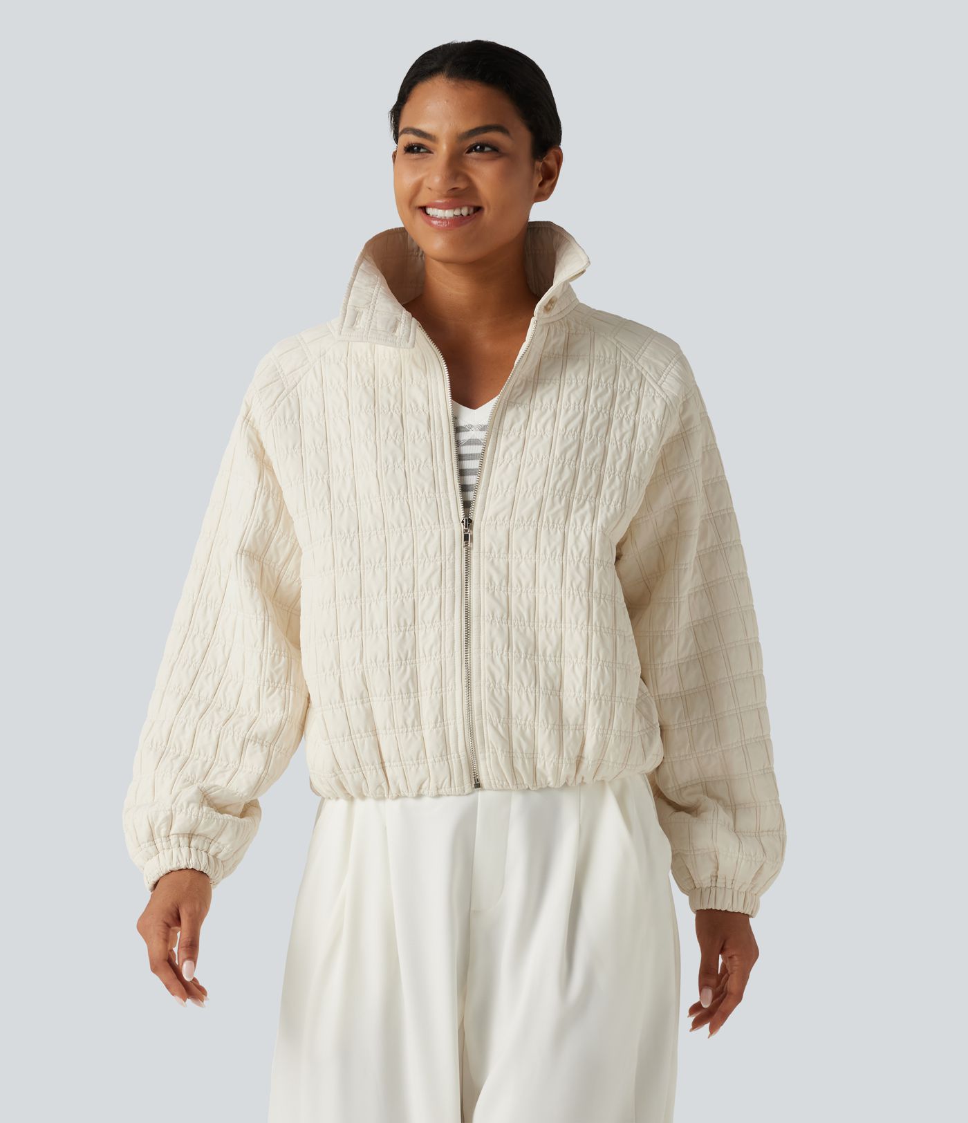 Stand Collar Long Sleeve Quilted Casual Jacket with Pockets