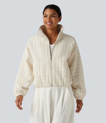 Stand Collar Long Sleeve Quilted Casual Jacket with Pockets