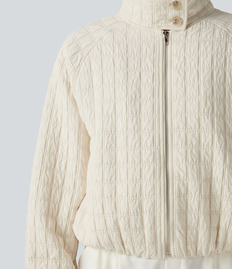 Stand Collar Long Sleeve Quilted Casual Jacket with Pockets