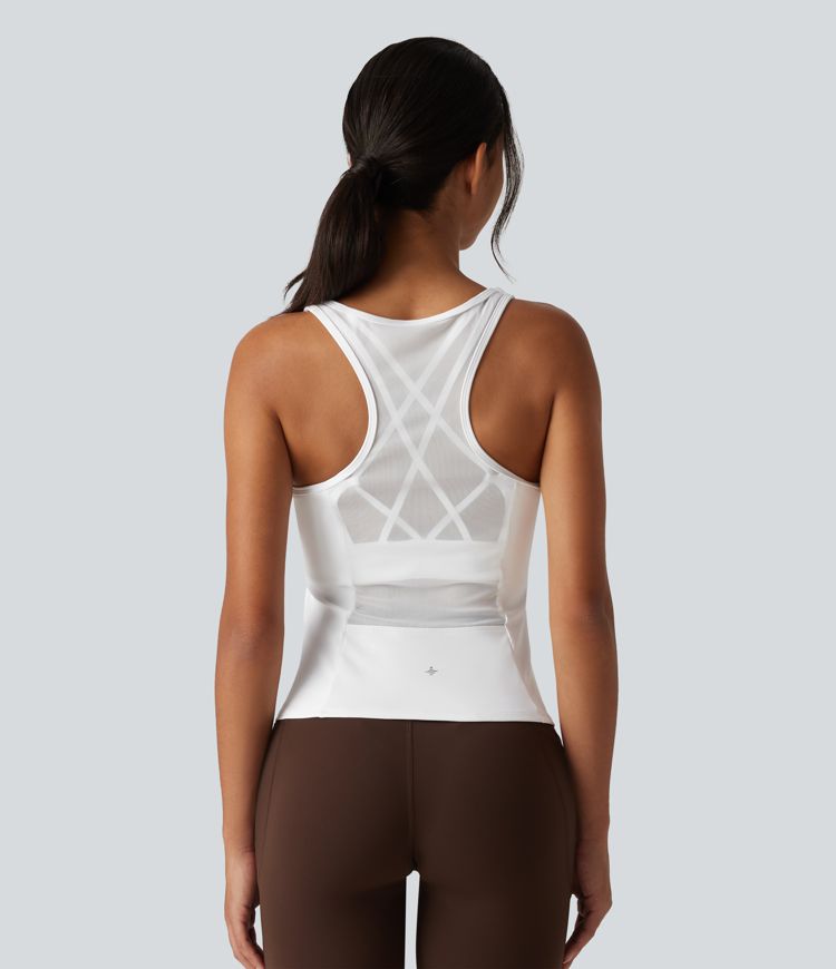Crisscross Racerback Built-in Bra Contrast Mesh Dance Tank Top
