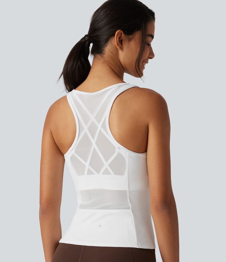 Crisscross Racerback Built-in Bra Contrast Mesh Dance Tank Top Crisscross Racerback Built-in Bra Contrast Mesh Dance Tank Top