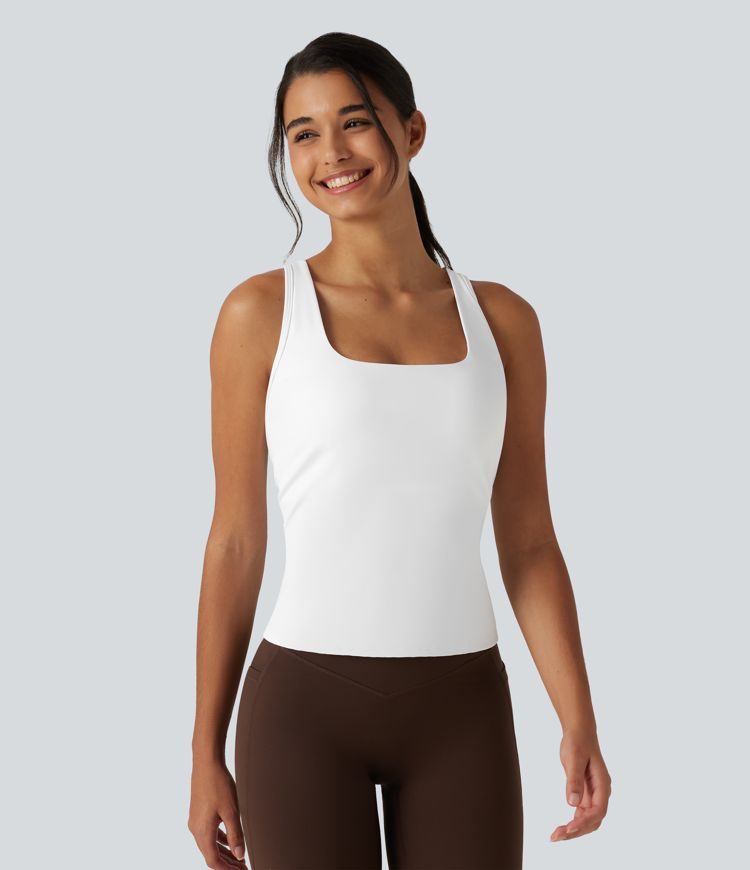 Crisscross Racerback Built-in Bra Contrast Mesh Dance Tank Top