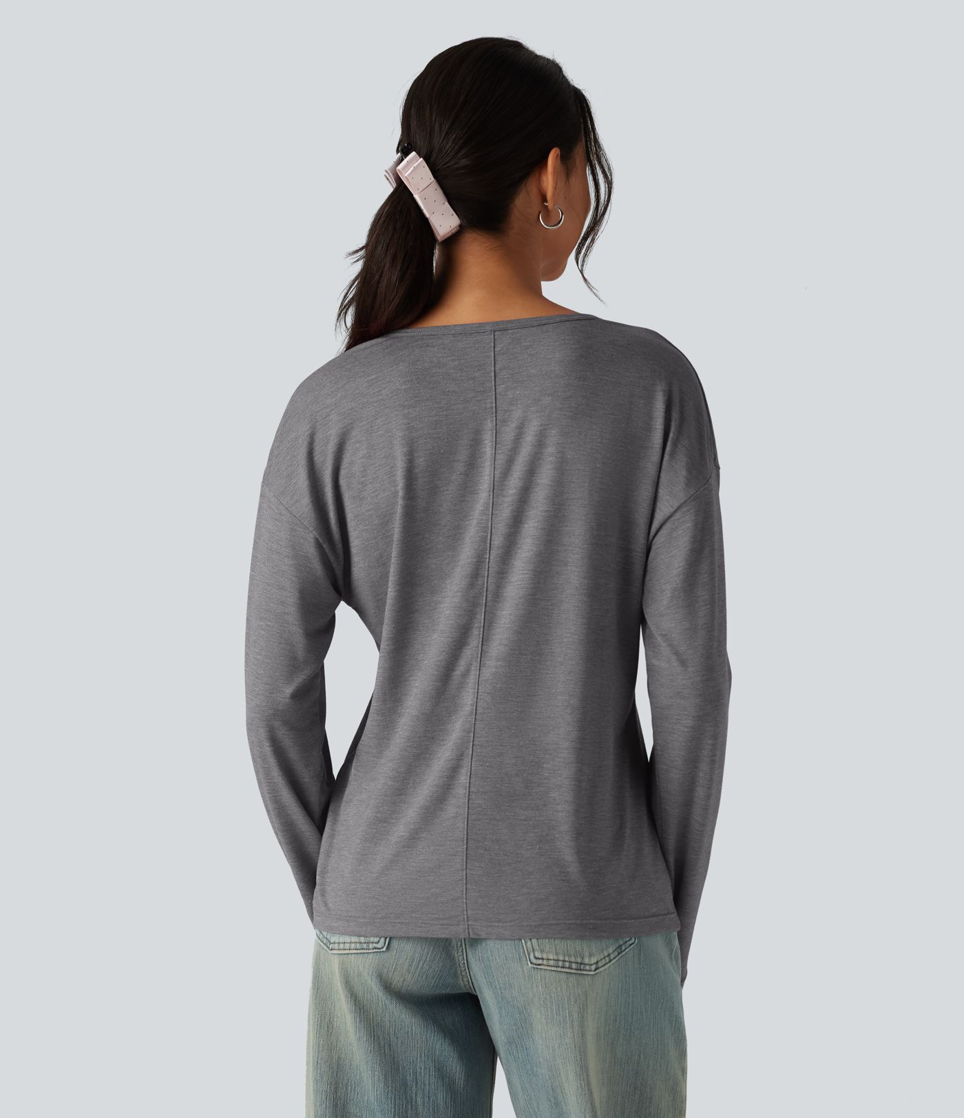 T-shirt chiné coupe relax à col V et manches longues