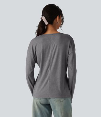 T-shirt chiné coupe relax à col V et manches longues