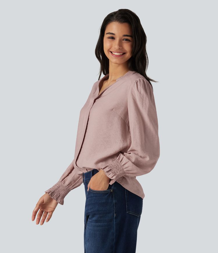 V Neck Puff Long Sleeve Casual Blouse