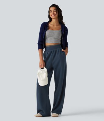 Lässige Sweatpants mit hohem Bund, Seitentaschen, Waffelstoff und geradem Bein Lässige Sweatpants mit hohem Bund, Seitentaschen, Waffelstoff und geradem Bein