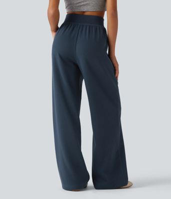 Lässige Sweatpants mit hohem Bund, Seitentaschen, Waffelstoff und geradem Bein Lässige Sweatpants mit hohem Bund, Seitentaschen, Waffelstoff und geradem Bein