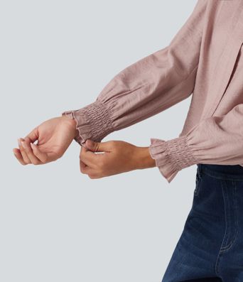 V Neck Puff Long Sleeve Casual Blouse