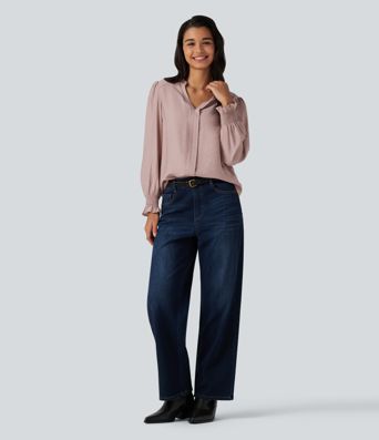 V Neck Puff Long Sleeve Casual Blouse