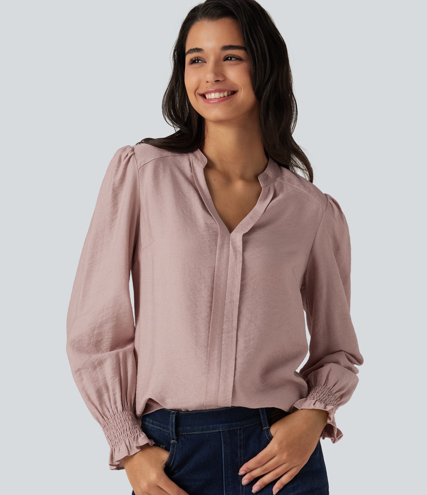 V Neck Puff Long Sleeve Casual Blouse V Neck Puff Long Sleeve Casual Blouse
