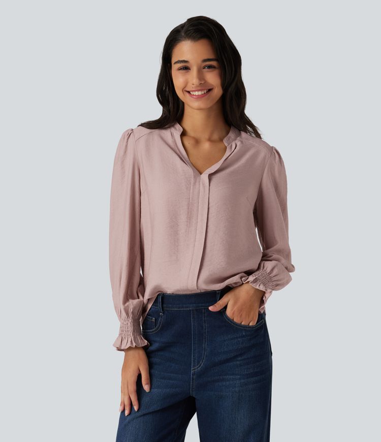 V Neck Puff Long Sleeve Casual Blouse