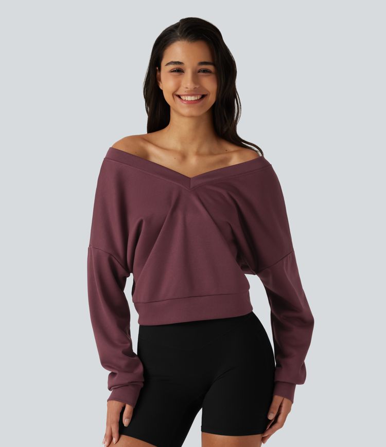 V Neck Long Sleeve Boxy Lounging Sweatshirt