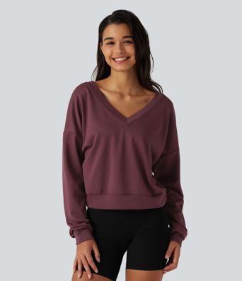 V Neck Long Sleeve Boxy Lounging Sweatshirt