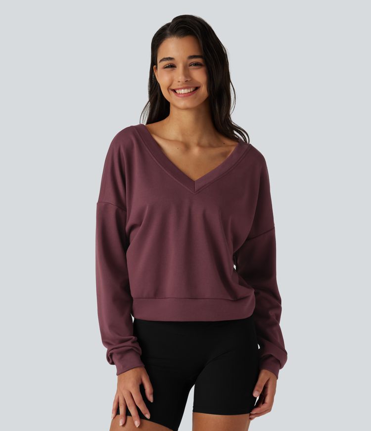 V Neck Long Sleeve Boxy Lounging Sweatshirt