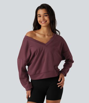 V Neck Long Sleeve Boxy Lounging Sweatshirt