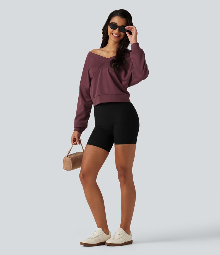 V Neck Long Sleeve Boxy Lounging Sweatshirt