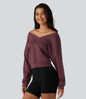 V Neck Long Sleeve Boxy Lounging Sweatshirt