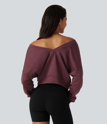 V Neck Long Sleeve Boxy Lounging Sweatshirt
