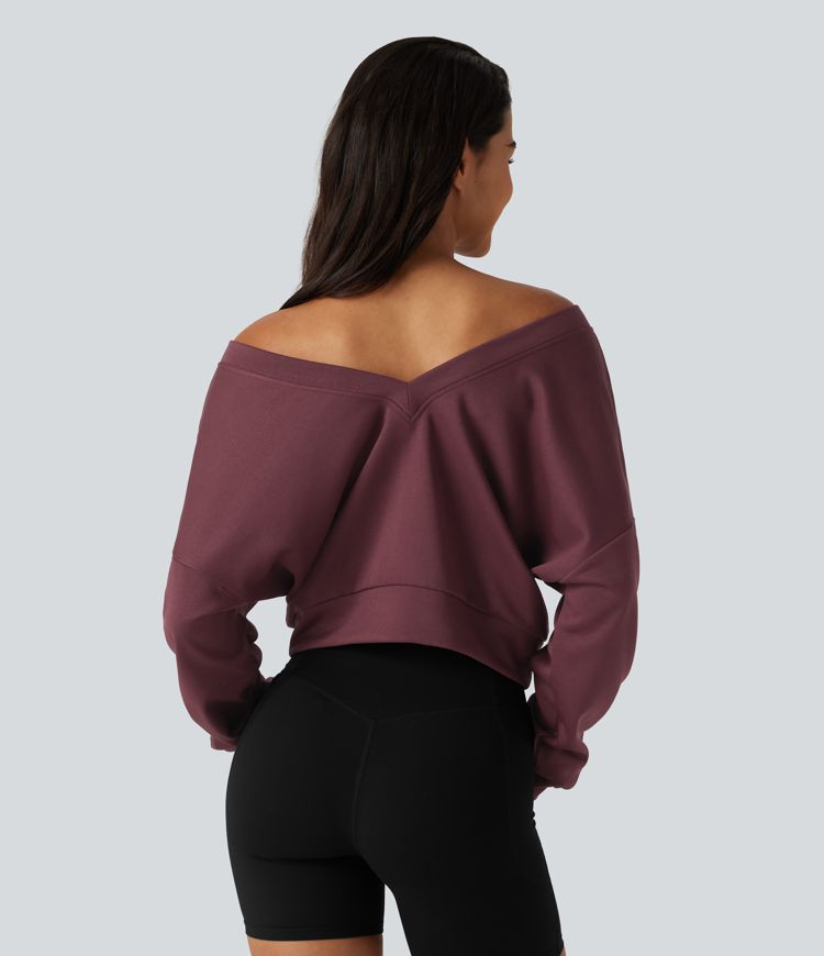 V Neck Long Sleeve Boxy Lounging Sweatshirt