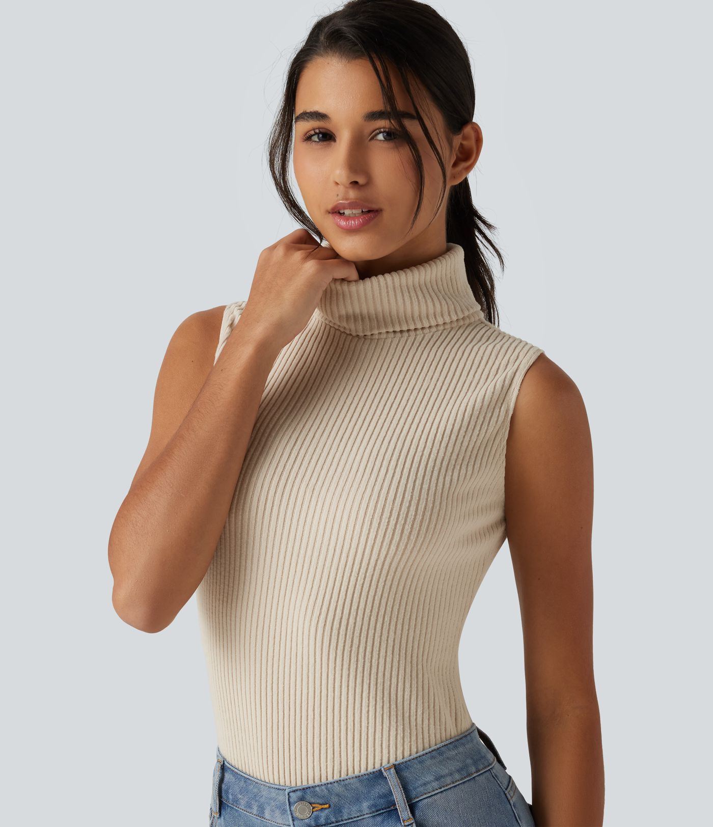 Ribbed Knit High Neck Casual Tank Top Ribbed Knit High Neck Casual Tank Top