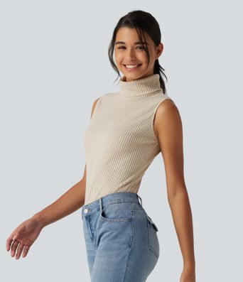 Ribbed Knit High Neck Casual Tank Top