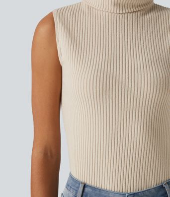 Ribbed Knit High Neck Casual Tank Top