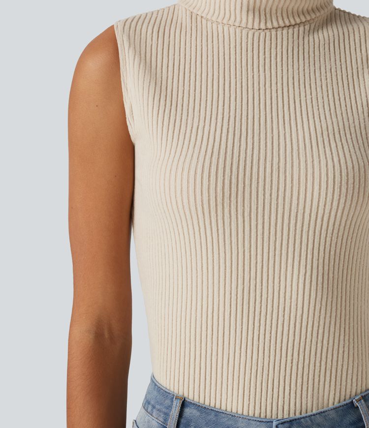 Ribbed Knit High Neck Casual Tank Top