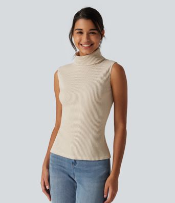 Ribbed Knit High Neck Casual Tank Top