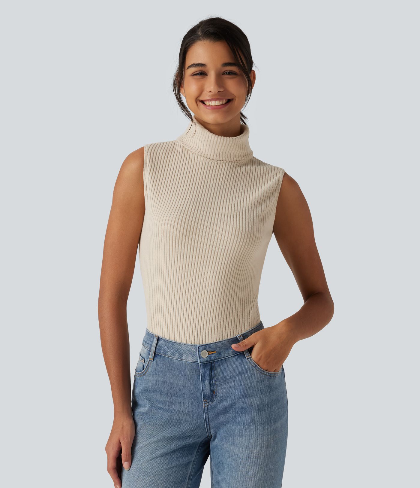 Ribbed Knit High Neck Casual Tank Top Ribbed Knit High Neck Casual Tank Top