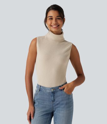Ribbed Knit High Neck Casual Tank Top