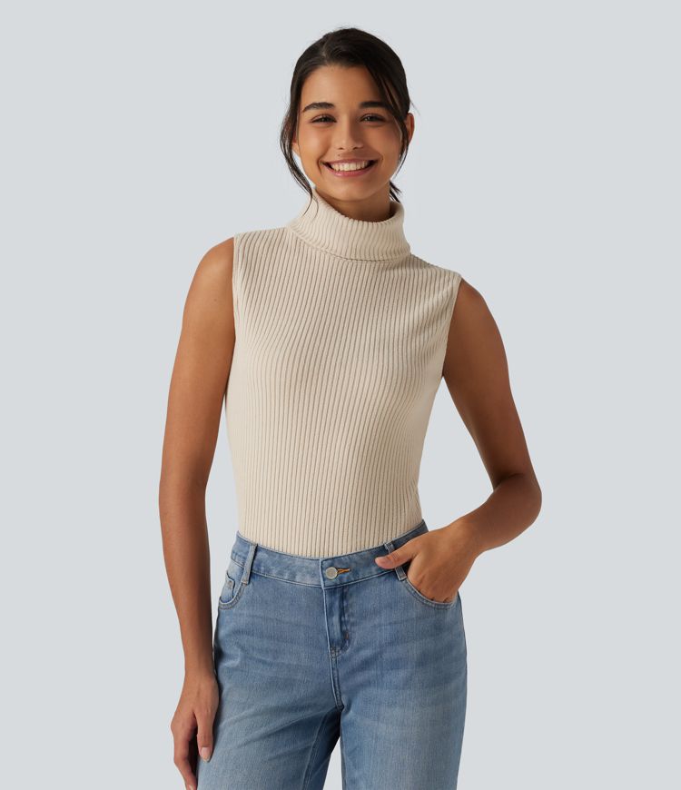 Ribbed Knit High Neck Casual Tank Top