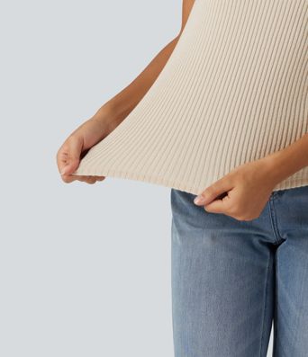 Ribbed Knit High Neck Casual Tank Top