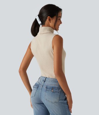 Ribbed Knit High Neck Casual Tank Top