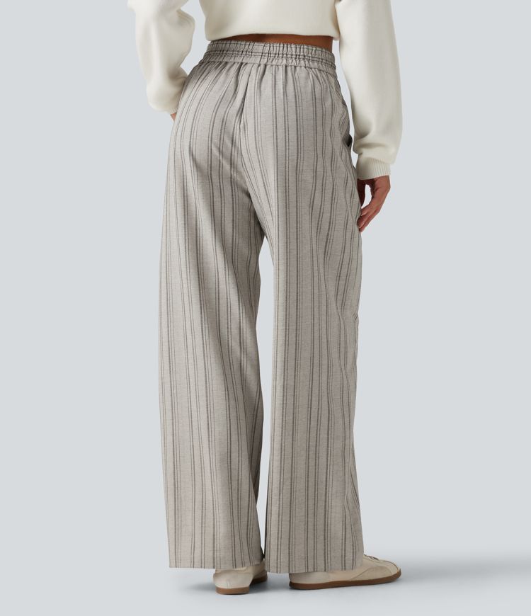 Toasted Linen High Waisted Drawstring Wide Leg Baggy Stripe Casual Linen-Feel Trousers with Pockets / 2