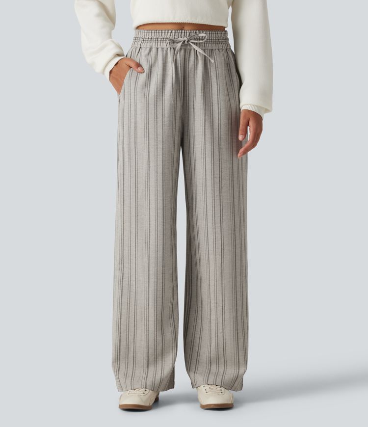 High Waisted Drawstring Wide Leg Baggy Stripe Casual Linen-Feel Trousers with Pockets