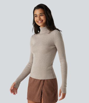 High Neck Long Sleeve Thumb Hole Work Sweater High Neck Long Sleeve Thumb Hole Work Sweater