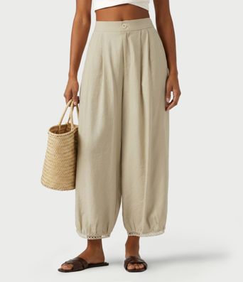 Pantalon mi‑taille décontracté à jambe en forme de baril, longueur 7/8, bordure ajourée en forme d'échelle, avec poches