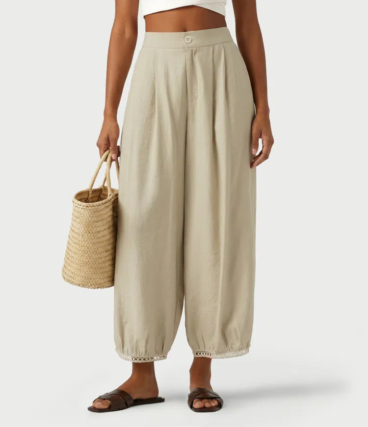 Mid Rise Ladder Trim 7/8 Length Casual Barrel Leg Pants with Pockets