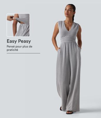 Combinaison sans manches col V à rayures avec brassière intégrée et poches – Édition Easy Peasy Combinaison sans manches col V à rayures avec brassière intégrée et poches – Édition Easy Peasy