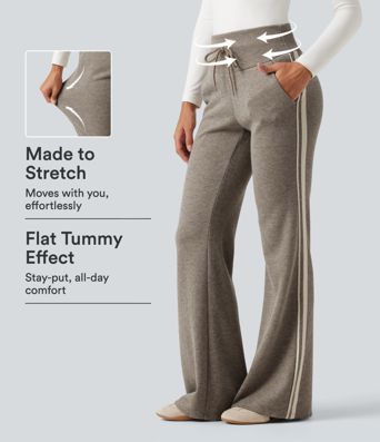 Ribbed High Waisted Tummy Control Drawstring Side Stripe Flare Casual Pants with Pockets