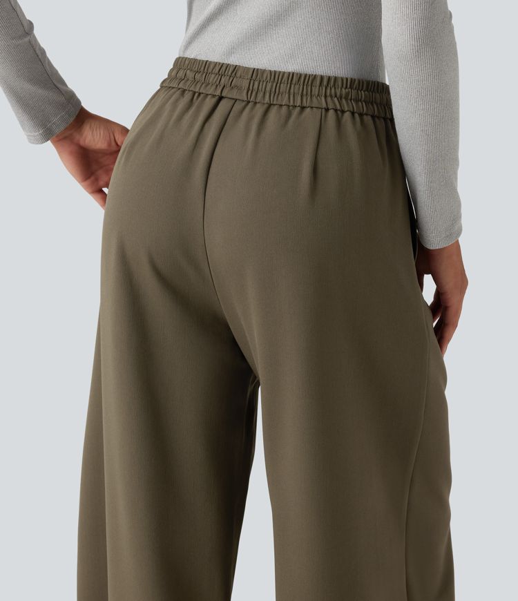 High Waisted Drawstring Barrel Leg Work Pants with Pockets High Waisted Drawstring Barrel Leg Work Pants with Pockets